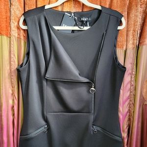 NWT DKNY Sleeveless Knee-length Zip Lapel Front Black Sheath Dress - size 14